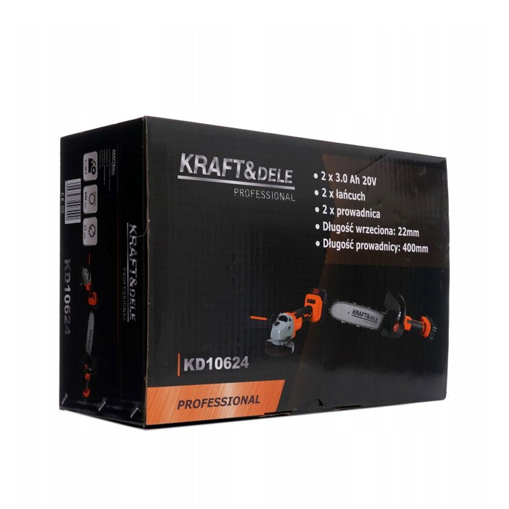 *BLACK-FRIDAY* Set Polizor unghiular / Flex 20V cu 2 Acumulatori 3Ah si Adaptor tip drujba cu 2 lame si 2 lanturi, KRAFTSON % Import Polonia % 10624