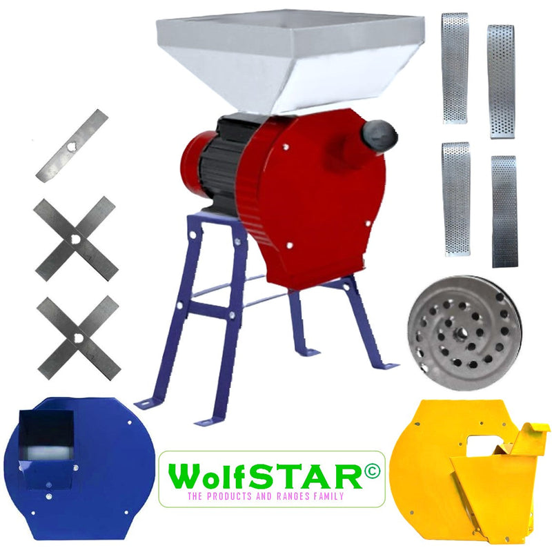 *BLACK-FRIDAY* *BuzZ* SET Moara WOLFSTAR Cereale-Stiuleti si FRUCTE-LEGUME si LUCERNA, 3.9KW, (4 in 1) pentru uruiala si malai si furaje, Red-White E-3900, cu ciocanele+razatoare+tocator fan, PLUS SUPORT METALIC