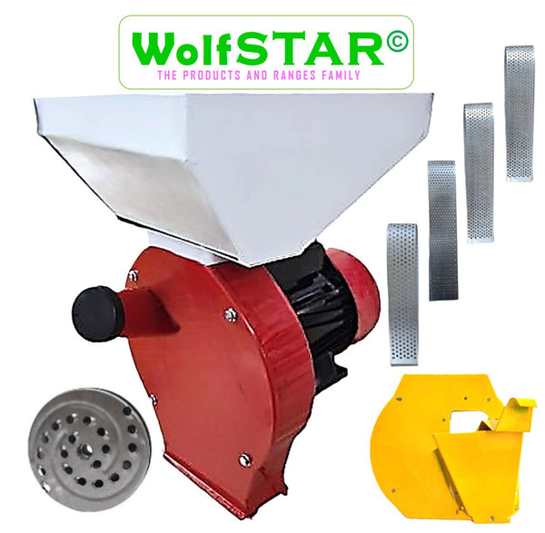 SET Moara Cereale+Stiuleti+FRUCTE si LEGUME (3 in 1) WOLFSTAR, 3.9KW, cu ciocanele pentru uruiala si malai, razatoare, Red-White E-3900