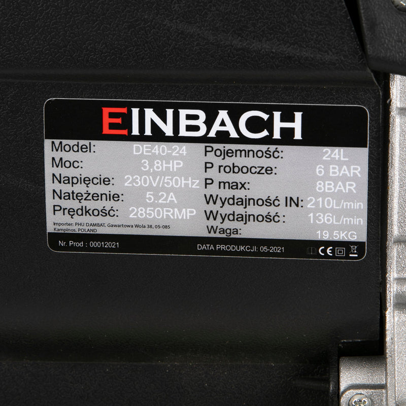 BLACK-is-BACK Compresor aer Einbach DE40-24, 24L, 3.8 CP, 2800W, 8Bar, 210L/min