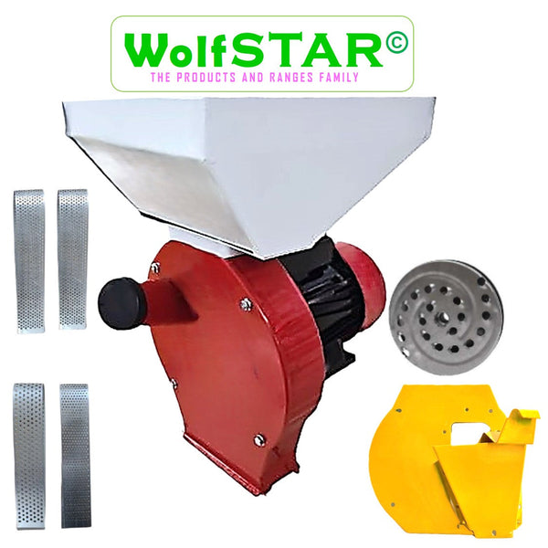 SET Moara Cereale+Stiuleti+FRUCTE si LEGUME (3 in 1) WOLFSTAR, 3.9KW, cu ciocanele pentru uruiala si malai, razatoare, Red-White E-3900