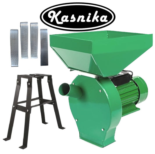 *BLACK-FRIDAY* *PROMO* SET Moara cereale si stiuleti 2 in 1 KASNIKA Verde, 3kW, CUVA MARE, cu ciocanele, malai si uruiala, + suport cu picioare