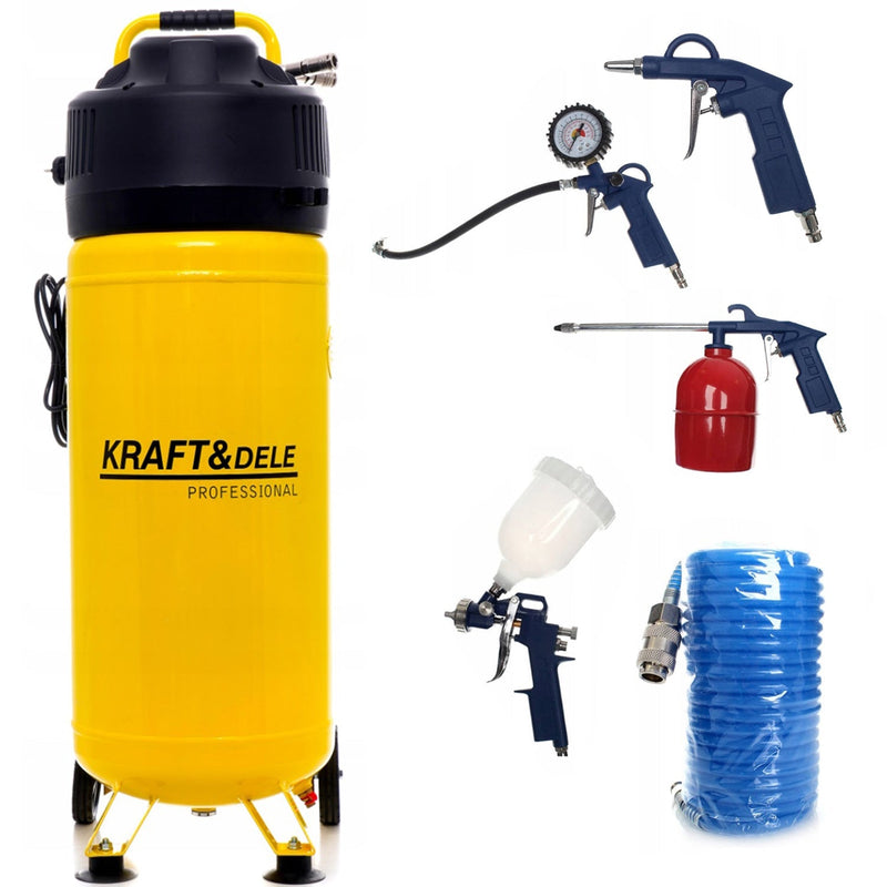 SEZONUL-OFERTELOR la Set Compresor aer fara ulei Kraft&Dele KD1418, 50L, 230V, 1500W, 10Bar, 240L/min, silentios + Kit 5 accesorii premium