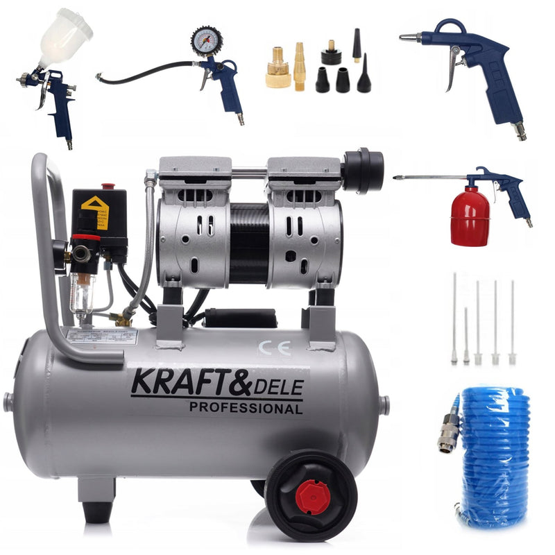 SEZONUL-OFERTELOR la Set Compresor aer fara ulei Kraft&Dele KD1395, 24L, 2Cp, 1200W, 8Bar, 220L, silentios + Kit 18 accesorii premium