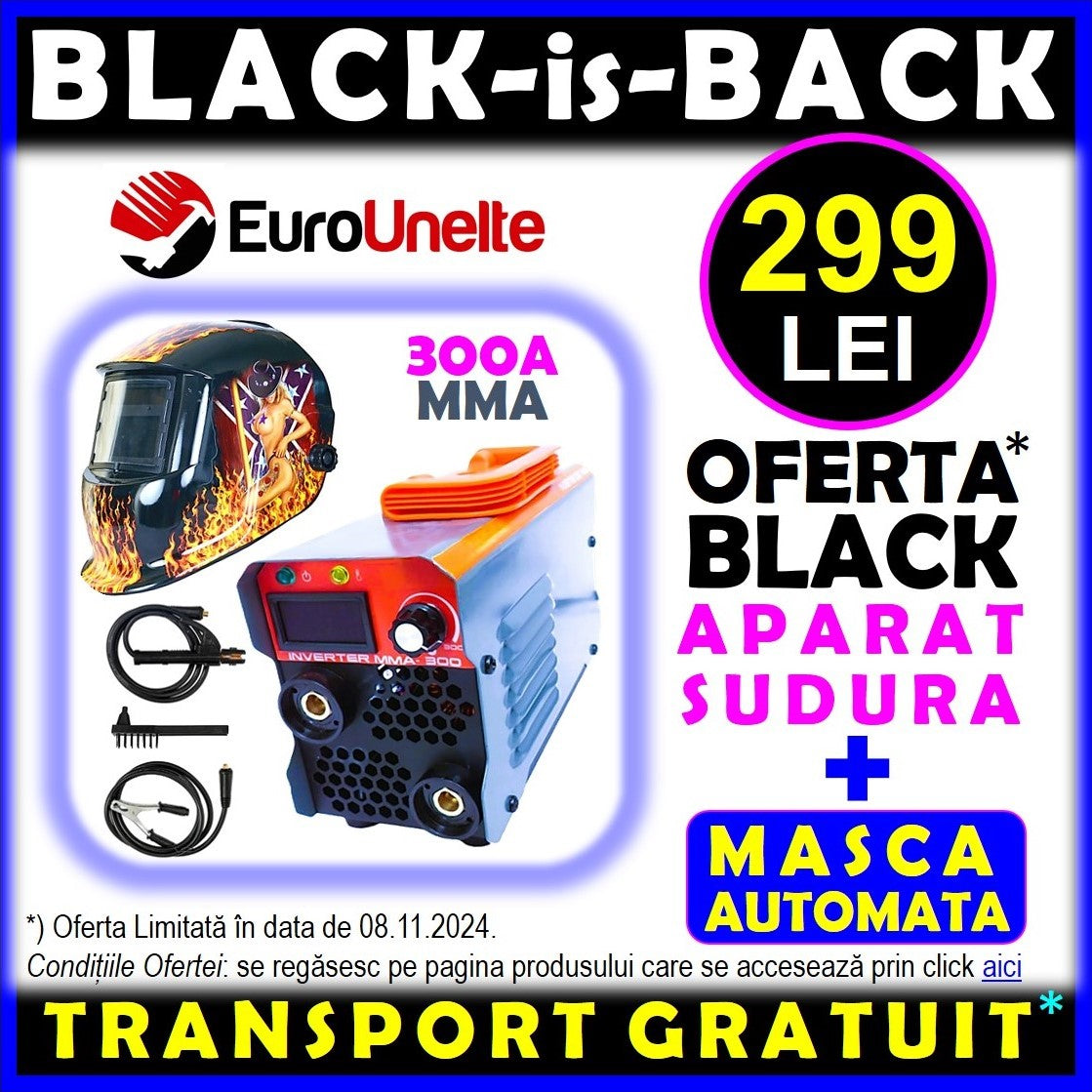 *OFERTA BLACK: 299 LEI TRANSPORT INCLUS* SET WeldEXPERT SUDURA CU ELECTROD, 1870-37107, Aparat Sudura Invertor MMA-300A cu posibilitate LIFT-TIG, + Masca Automata Personalizata SUPERHOT-FLAMES