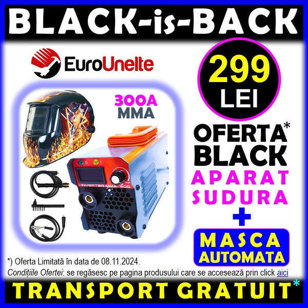 *OFERTA BLACK: 299 LEI TRANSPORT INCLUS* SET WeldEXPERT SUDURA CU ELECTROD, 1870-37107, Aparat Sudura Invertor MMA-300A cu posibilitate LIFT-TIG, + Masca Automata Personalizata SUPERHOT-FLAMES