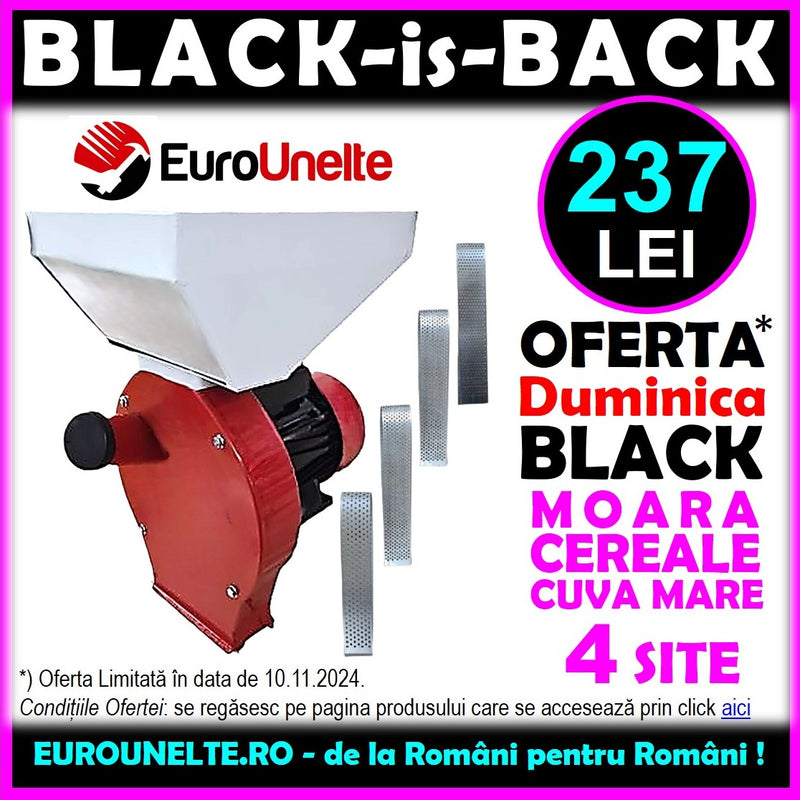 *OFERTA BLACK: 237 LEI* Moara cereale+stiuleti (2 in 1) WOLFSTAR, 3.9KW, powered by Elefant, cu ciocanele pentru uruiala si malai, Red-White E-3900