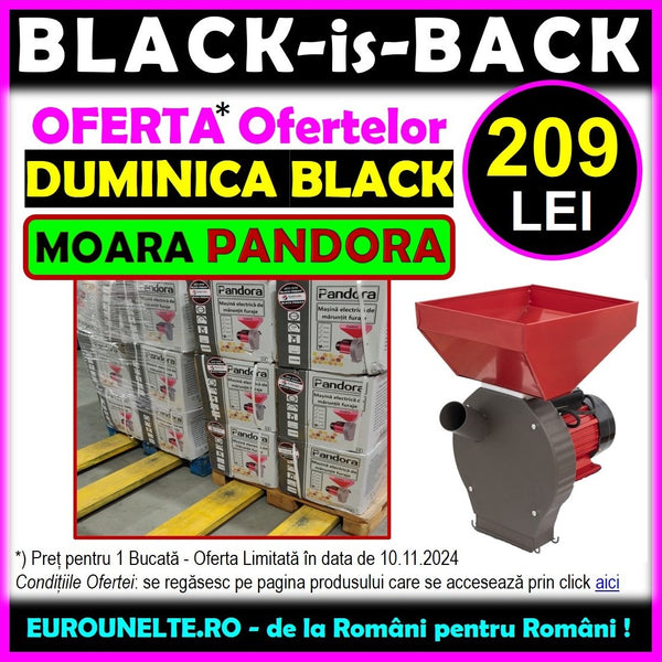 *OFERTA BLACK: 209 LEI*  Moara PANDORA pentru cereale si stiuleti (2 in 1), 3.9KW, cu ciocanele si motor electric