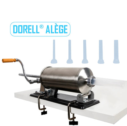 *DORELL® ALÈGE* Aparat Umplut Cârnați Orizontal 3 kg, Inox, + 5 Pâlnii incluse, Porc+Vita+Oaie