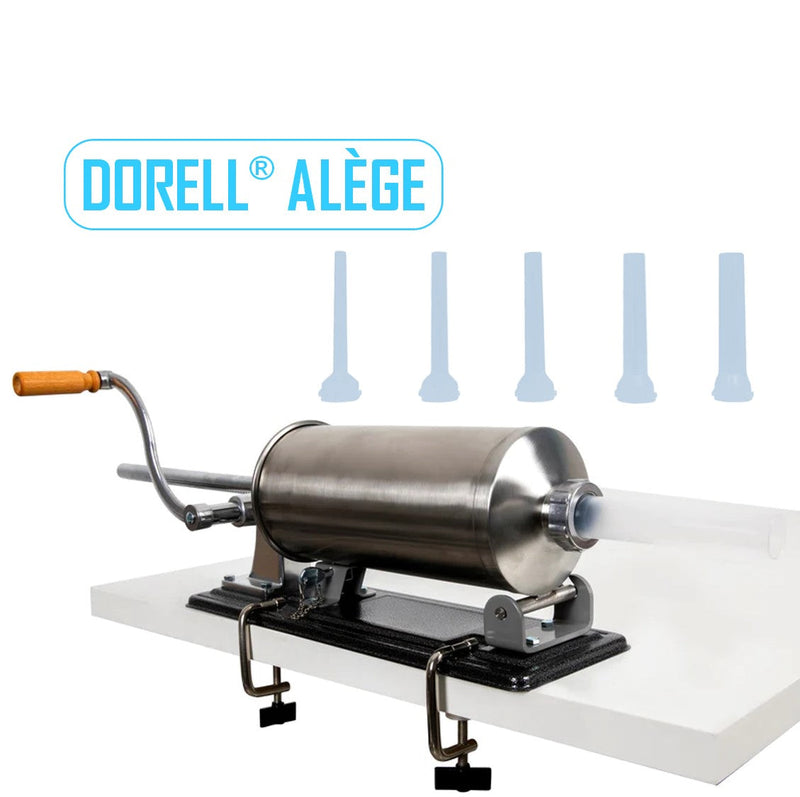 *PROMO*DORELL® ALÈGE* Tulumba Umplut Cârnați Orizontal 4 kg, din Inox, + 5 Pâlnii incluse, Porc+Vita+Oaie