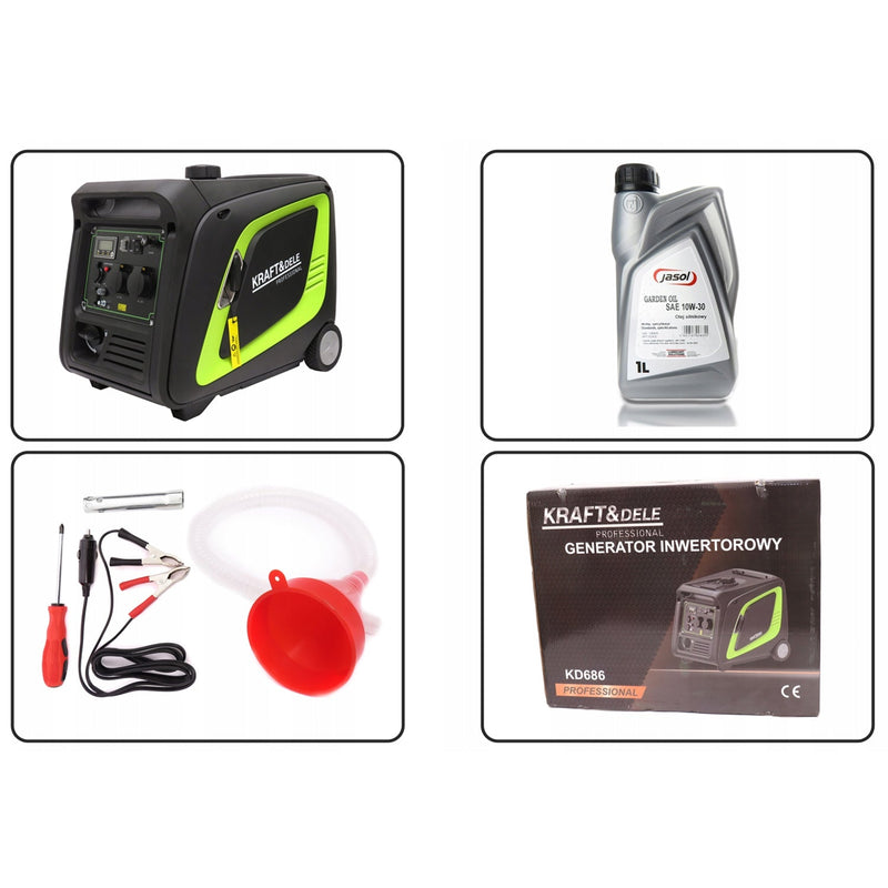 *BLACK-FRIDAY* Generator curent silentios profesional Kraft&Dele KD686, 230V, 4 timpi, stabilizator tensiune (AVR), roti transport, accesorii incluse