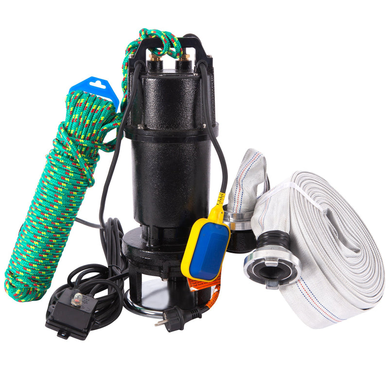 Kit Pompa apa murdara cu tocator si flotor POMPINA-Poland WQI 15-7-1.1, 1100W, 300 l/min, 2 toli, Furtun 30m cu cuple si Cordelina 20m