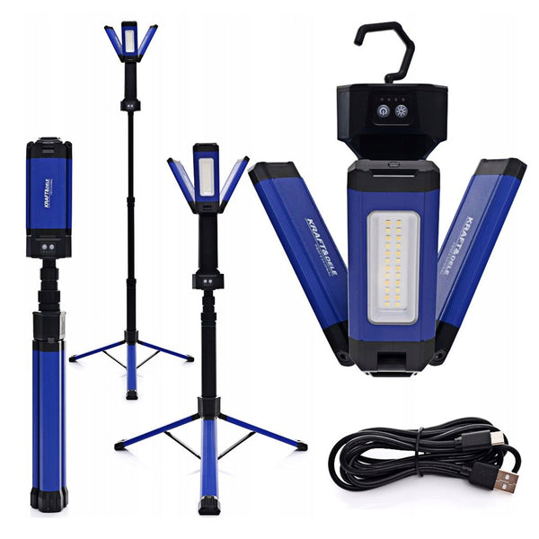 Lampa multifunctionala reincarcabila KRAFTSON % Import Polonia %  1267, 3 proiectoare LED, 2000Lm, acumulator 4000mAh, 6 moduri, 2 culori, cu trepied , pentru ateliere, camping, constructii etc