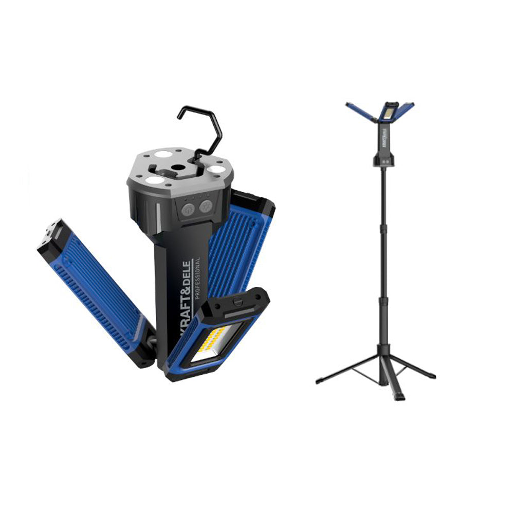 Lampa multifunctionala reincarcabila POLSKI K1268, 3 proiectoare LED, 4500Lm, acumulator 4000mAh, 3 moduri, 2 culori, cu trepied , pentru ateliere, camping, constructii etc