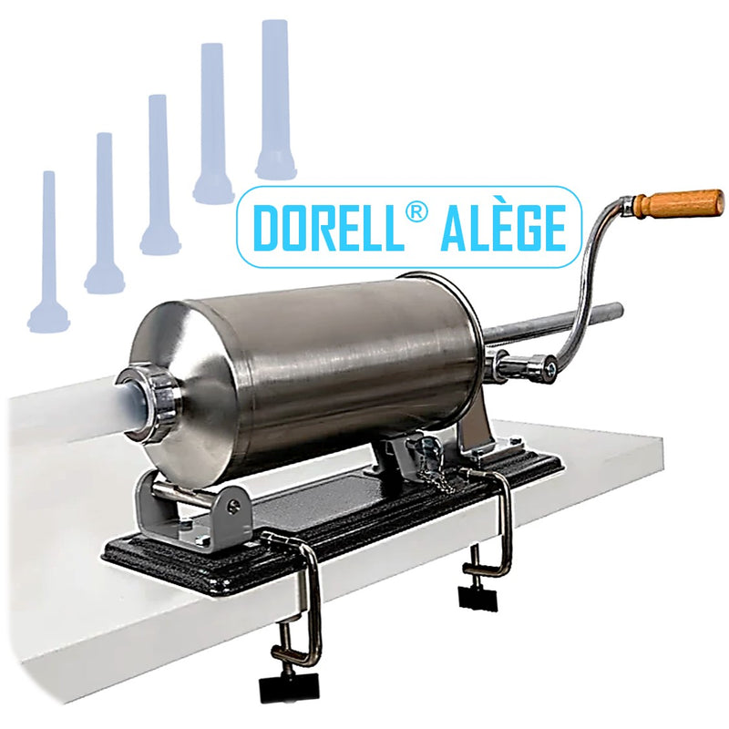 *DORELL® ALÈGE* Tulumba Umplut Cârnați Orizontal 5.5 kg, din Inox, + 5 Pâlnii incluse, Porc+Vita+Oaie