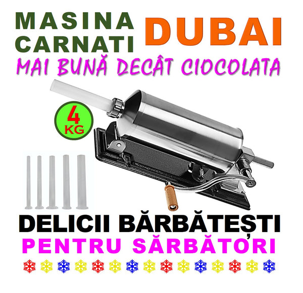 Masina carnati DUBAI 4KG, pentru umplut carnati si mezeluri, pozitie orizontala, EASY-FILL, 5xPâlnii incluse