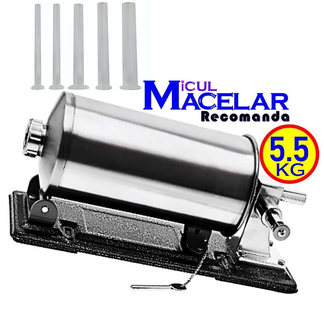 *PROMO* MICUL MACELAR Recomanda - Masina de umplut carnati, CAPACITATE PANA LA 5.5Kg, 5xPalnii Incluse, Orizontala PROFI, Inox