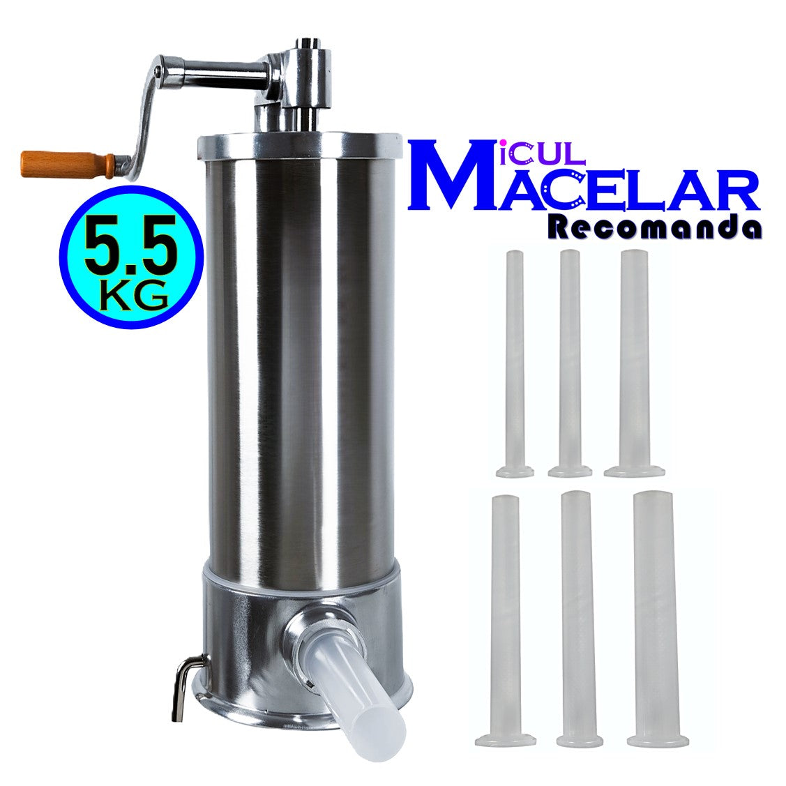 MICUL MACELAR Recomanda - Masina de umplut carnati, 5.5Kg, 6xPalnii incluse, Vertical Profi, Inox