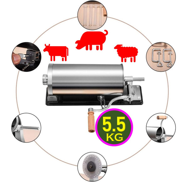 Masina de umplut carnati, 5.5Kg, VOKNER, 5xPalnii Incluse, Orizontala, din INOX