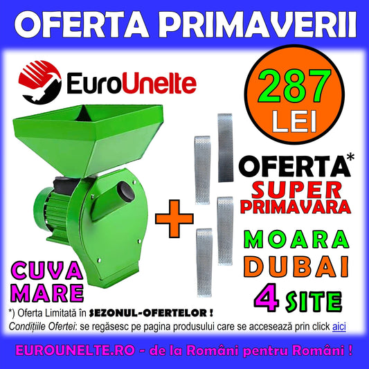 Moara Macinat Cereale DUBAI cu 4 SITE, cereale si stiuleti (2 in 1), cuva mare verde, motor electric inclus, cu ciocanele pentru uruiala si malai