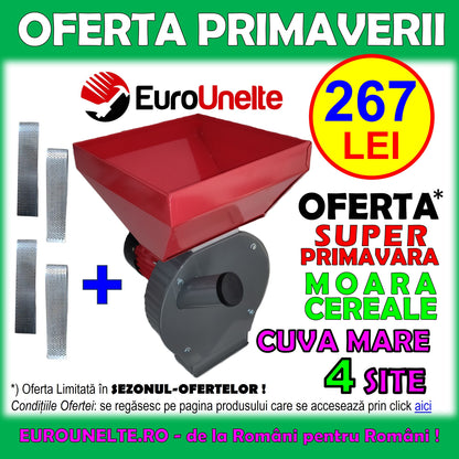 *SEZONUL-OFERTELOR: 267 LEI* Moara cereale+stiuleti (2 in 1) VOKNER, 3.9KW, 4 SITE, cu ciocanele pentru uruiala si malai, GRI-Rosu