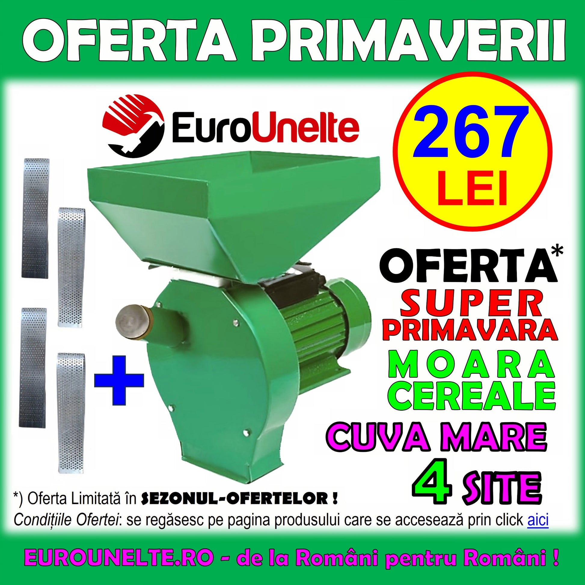*SEZONUL-OFERTELOR: 267 LEI* Moara cereale+stiuleti (2 in 1) VOKNER, 3.9KW, 4 SITE, cu ciocanele pentru uruiala si malai, Verde/GRI-Rosu