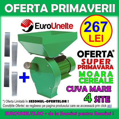 *SEZONUL-OFERTELOR: 267 LEI* Moara cereale+stiuleti (2 in 1) VOKNER, 3.9KW, 4 SITE, cu ciocanele pentru uruiala si malai, Verde/GRI-Rosu