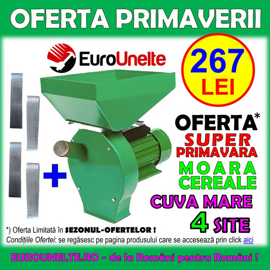 *SEZONUL-OFERTELOR: 267 LEI* Moara cereale+stiuleti (2 in 1) VOKNER, 3.9KW, 4 SITE, cu ciocanele pentru uruiala si malai, Verde/GRI-Rosu