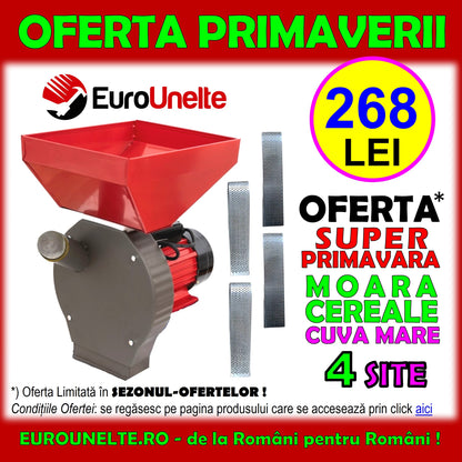 *SEZONUL-OFERTELOR: 268 LEI* Moara cereale+stiuleti (2 in 1) WOLFSTAR, 3.9KW, 4 SITE, cu ciocanele pentru uruiala si malai, Red-GREY