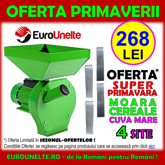 *SEZONUL-OFERTELOR: 268 LEI* Moara cereale+stiuleti (2 in 1) WOLFSTAR, 3.9KW, 4 SITE, cu ciocanele pentru uruiala si malai, CUVA-MARE