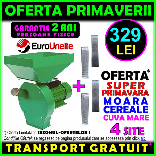 *OFERTA PRIMAVERII : 329 LEI CU TRANSPORT GRATUIT* Moara 4 SITE cereale+stiuleti (2 in 1) WOLFSTAR, 3.9KW, cu ciocanele pentru uruiala si malai, GREEN