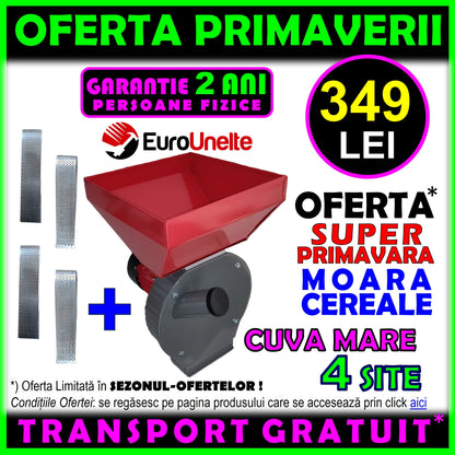*OFERTA DE PRIMAVARA : 349 LEI CU TRANSPORT GRATUIT* Moara cereale+stiuleti (2 in 1) VOKNER, 4xSITE, 3.9KW, cu ciocanele pentru uruiala si malai, CUVA MARE