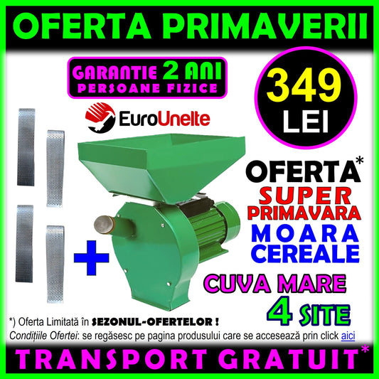 *OFERTA DE VARA : 349 LEI CU TRANSPORT GRATUIT* Moara cereale+stiuleti (2 in 1) VOKNER, 4xSITE, 3.9KW, cu ciocanele pentru uruiala si malai, CUVA MARE