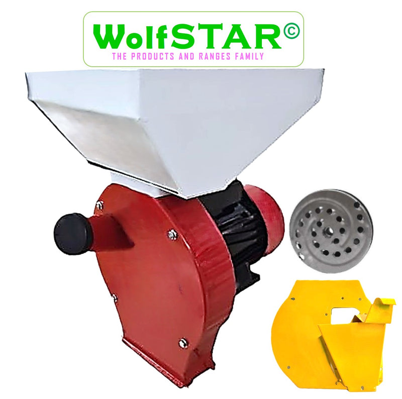 SET Moara Cereale+Stiuleti+FRUCTE si LEGUME (3 in 1) WOLFSTAR, 3.9KW, cu ciocanele pentru uruiala si malai, razatoare, Red-White E-3900