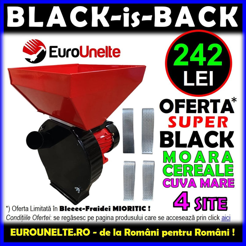 *OFERTA BLACK: 242 LEI* Moara cereale+stiuleti (2 in 1) VOKNER, 3.9KW, powered by Yamamoto, cu ciocanele pentru uruiala si malai, Black-Red Y-3900