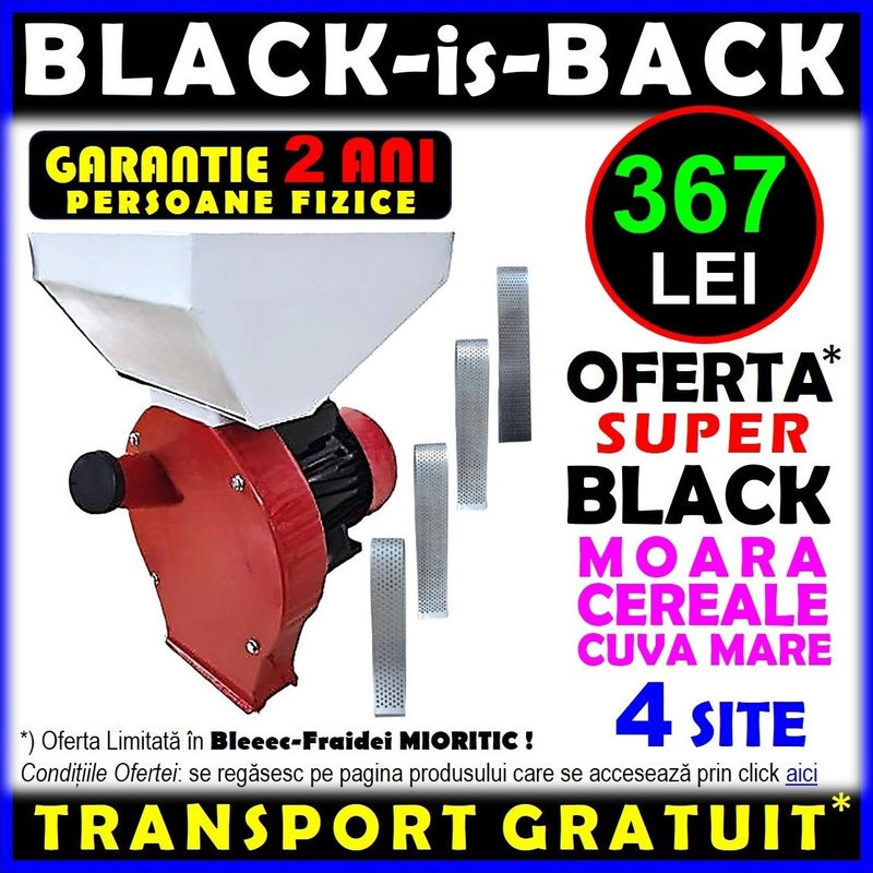 *OFERTA BLACK : 367 LEI CU TRANSPORT GRATUIT* Moara cereale+stiuleti (2 in 1) WOLFSTAR, 3.9KW, powered by Elefant, cu ciocanele pentru uruiala si malai, Red-White E-3900