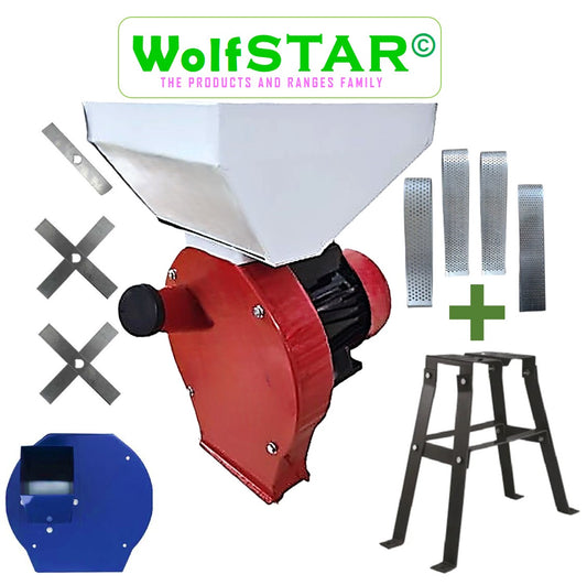 SET WOLFSTAR Moara Cereale-Stiuleti si LUCERNA-FAN (3 in 1) 3.9KW, Red-White E-3900, cu ciocanele si tocator furaje, + suport metalic