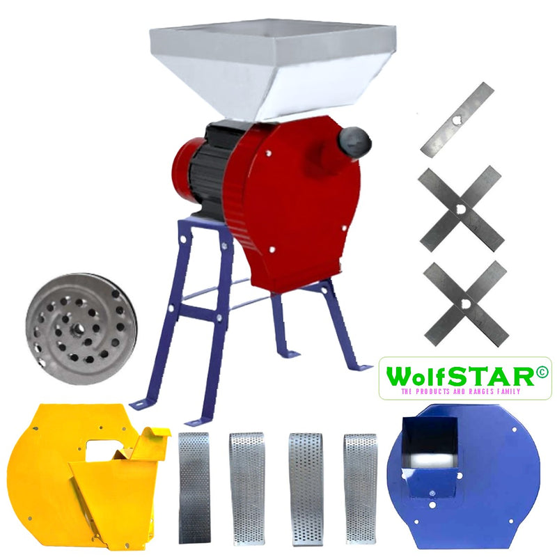SET Moara si SUPORT pentru Cereale+Stiuleti+LUCERNA+FRUCTE si LEGUME (4 in 1) WOLFSTAR, 3.9KW, cu ciocanele, razatoare si tocator, Red-White E-3900, + Suport Metalic