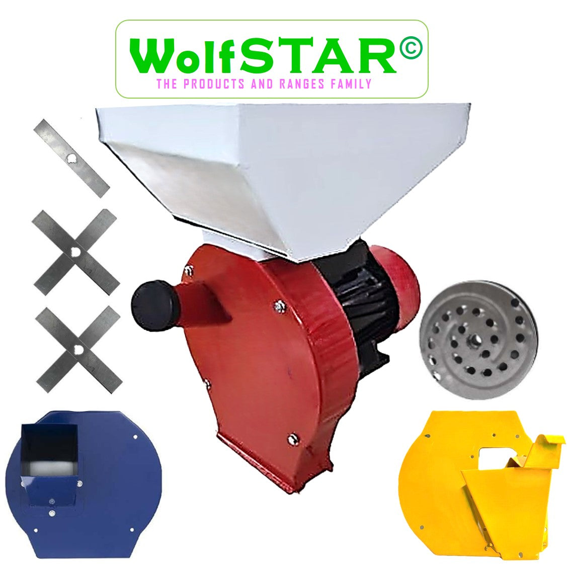 SET Moara Cereale+Stiuleti+LUCERNA+FRUCTE si LEGUME (4 in 1) WOLFSTAR, 3.9KW, cu ciocanele, razatoare si tocator, Red-White E-3900