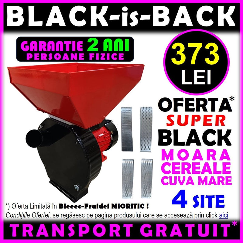 *OFERTA BLACK : 373 LEI CU TRANSPORT GRATUIT* Moara cereale+stiuleti (2 in 1) VOKNER, 3.9KW, powered by Yamamoto, cu ciocanele pentru uruiala si malai, Black-Red Y-3900