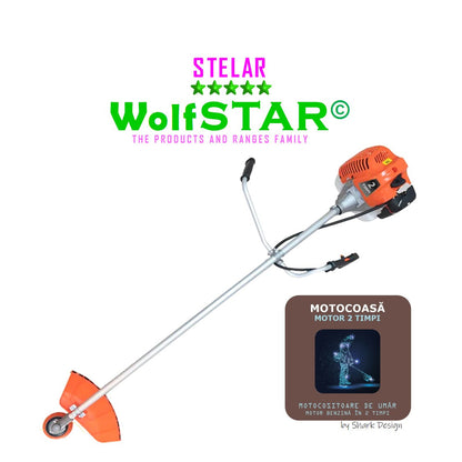Motocoasa WolfStar Stelar cu motor pe benzina in 2 timpi, 6 CP, 52 cc, Portocalie, sistem taiere cu tambur plus accesorii