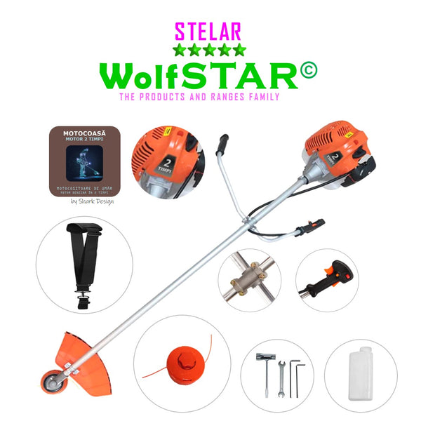 Motocoasa WolfStar Stelar cu motor pe benzina in 2 timpi, 6 CP, 52 cc, Portocalie, sistem taiere cu tambur plus accesorii