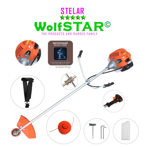 Motocoasa WolfStar Stelar cu motor pe benzina in 2 timpi, 6 CP, 52 cc, Portocalie, sistem taiere cu tambur plus accesorii