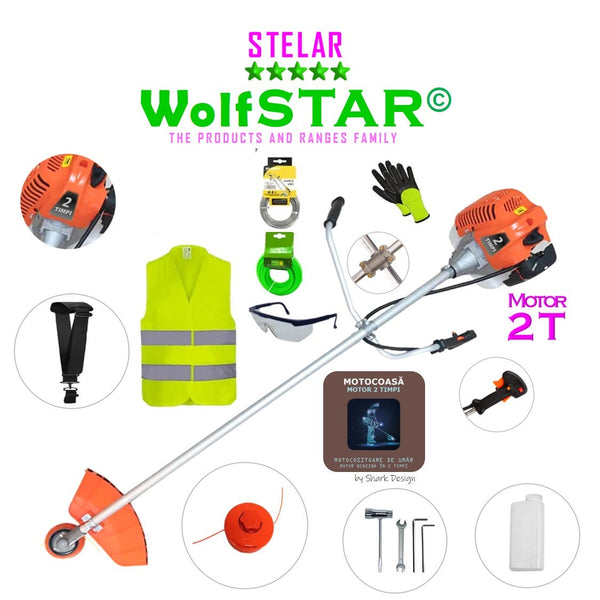 Motocoasa WolfStar Stelar cu motor pe benzina in 2 timpi, 6 CP, 52 cc, Portocalie, sistem taiere cu tambur plus EXTRA accesorii