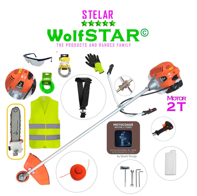 *BuzZ* SET Motocoasa WolfSTAR© motor 2 timpi ALP, 6CP, 52cc, 11.000RPM, EXTRA Accesorii+Cap Tip Drujba