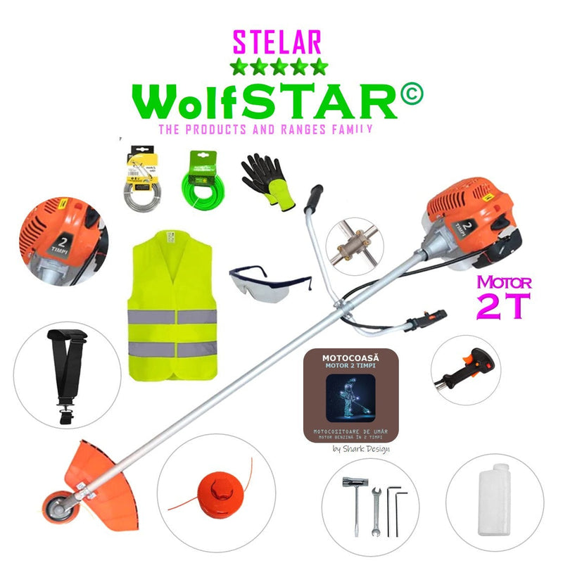 SEZONUL-OFERTELOR SET Motocoasa WolfSTAR© motor 2 timpi, 6CP, 52cc, 11.000RPM + sistem taiere, EXTRA Accesorii