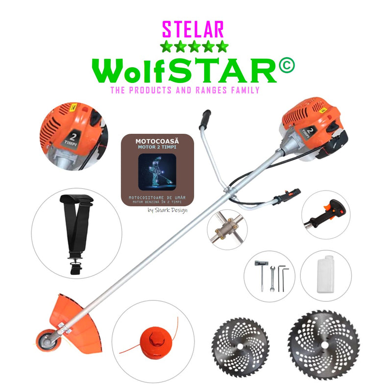 Motocoasa WolfSTAR© motor 2 timpi ALP, 6CP, 52cc, 11.000RPM, Bundle Disc Vidia230+255