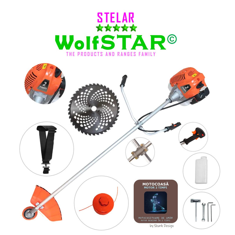 Motocoasa WolfSTAR© motor 2 timpi ALP, 6CP, 52cc, 11.000RPM + sistem taiere, Bundle Disc Vidia255