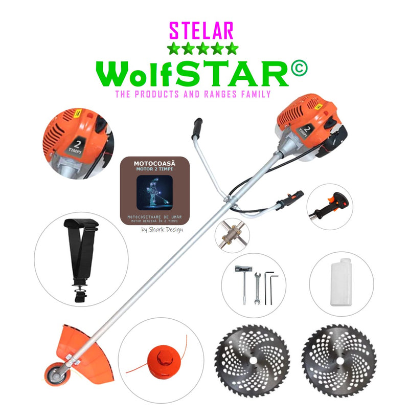 Motocoasa WolfSTAR© motor 2 timpi ALP, 6CP, 52cc, 11.000RPM + sistem taiere, Bundle 2xDisc Vidia255