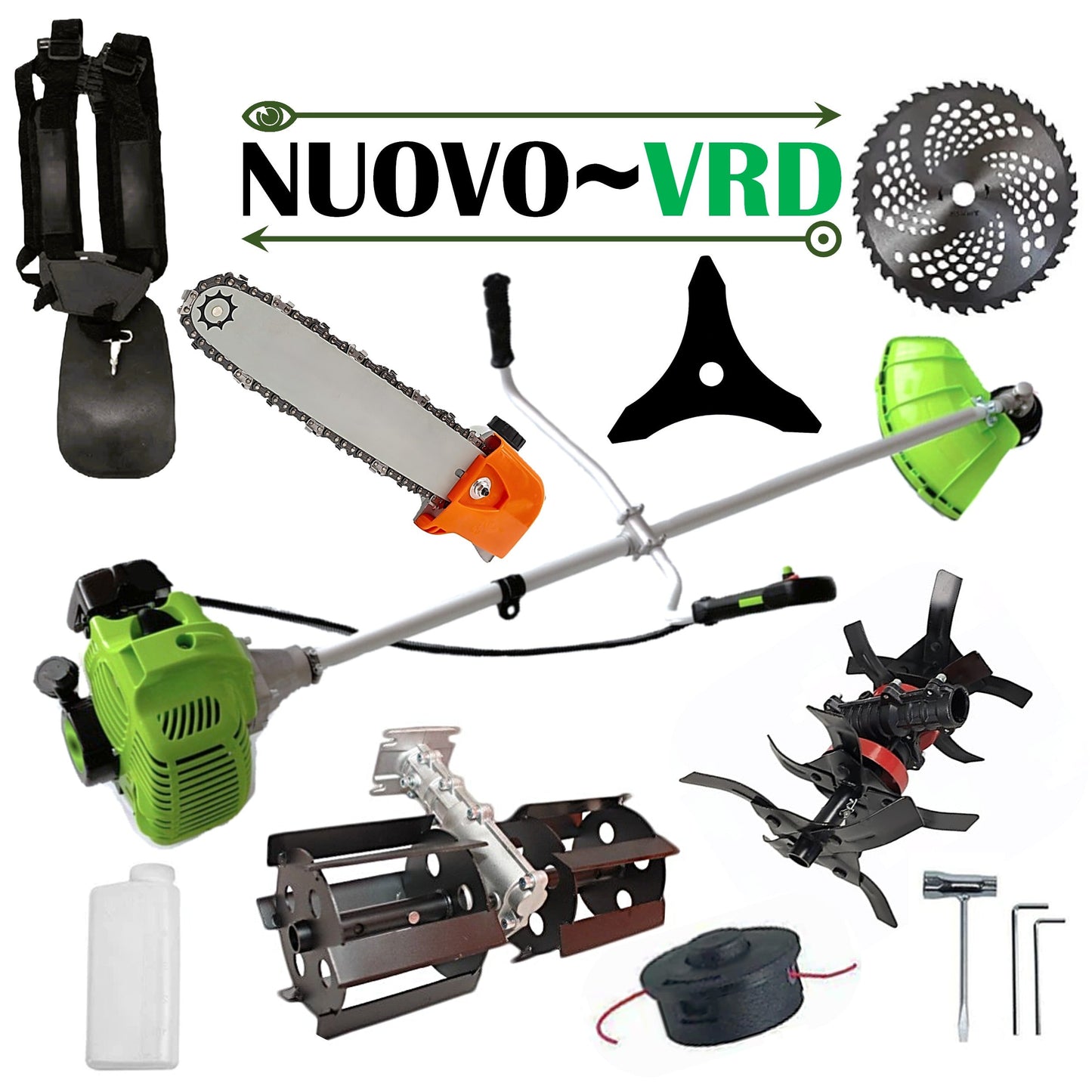 CULTIVATOR PREMIUM+CAP DRUJBA+PRASITOARE+Motocoasa NUOVO-VRD Green Fuel-Efficient 3.4CP, Disc Vidia, Disc Stea, accesorii incluse